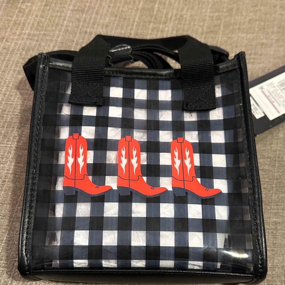 Plaid crossbody Bag with Red Boot Accent